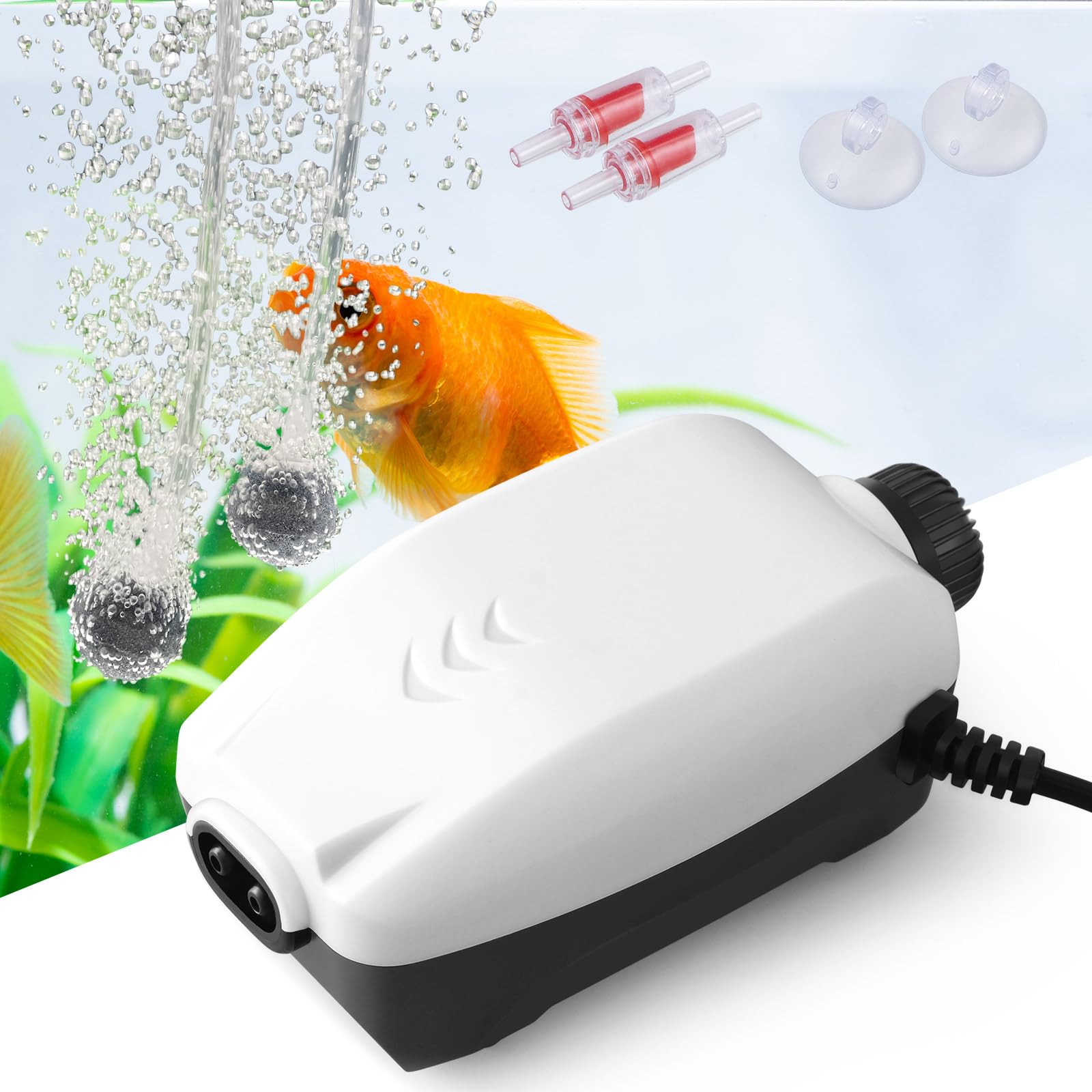 FEDOUR Dual Outlet Aquarium Air Pump, Adjustable Fish Tank Air Pump Silent, Powerful Oxygen Pump with Accessories for 30-300L Fish Tank