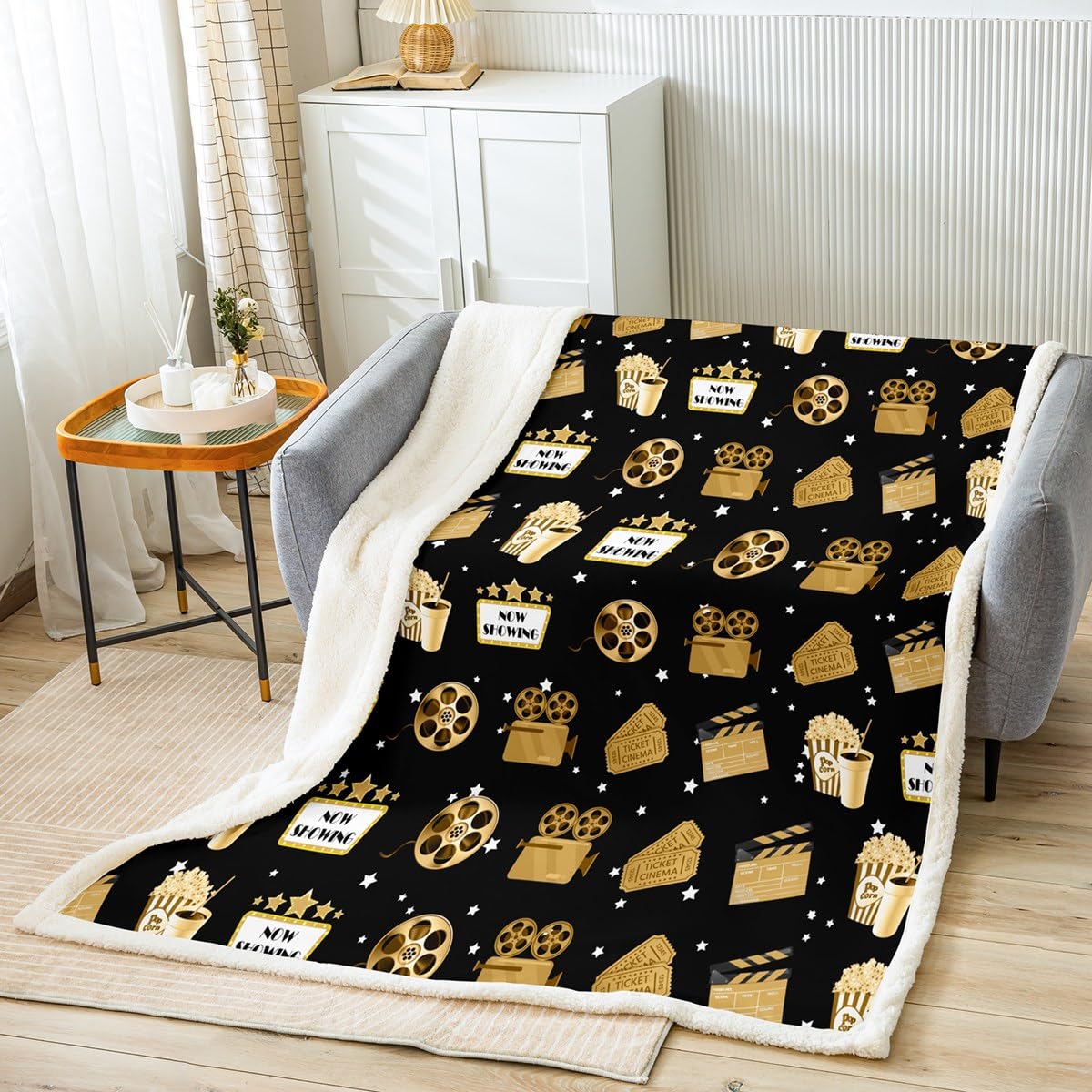Homemissing Movie Theater Decor Fleece Throw Blanket Kids Movie Night Plush Blanket for Boys Movie Ticket Sherpa Blanket Breathable Cinema Golden Black Fuzzy Blanket Room Decor Double 60x79 Inch