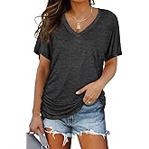 WIHOLL Womens Summer T-Shirts Short Sleeve V Neck Dolman Tops with Side Shirring Loose Fit Shirts Spring Fashion