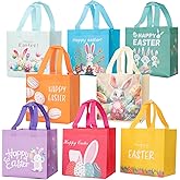 Linelglobal Easter Gift Bag with Handle Happy Easter Non-Woven Bag for Kid Reusable Easter Tote Bag for Egg Hunt Bunny Carrot Chick 8 Pack