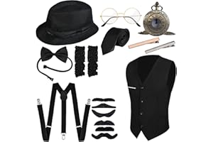 GOLDGE Gatsby-inspired 1920s Men's Costume Set with Gangster Vest, Pocket Watch, Hat, Suspenders Accessories for Halloween Cosplay or Retro Parties