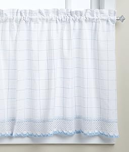 LORRAINE HOME FASHIONS Adirondack Tier Curtain Pair, 60 by 30-Inch, White/Blue