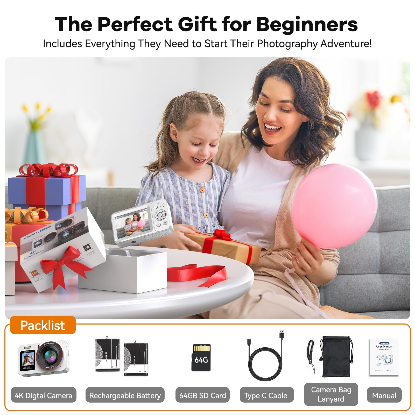 Deatti Digital Camera,FHD 4K Camera with Dual Screen 64GB SD Card 2 Batteries,Digital Point and Shoot Camera,18X Zoom,Anti Shake Portable Rechargeable for Boys Girls Kids,White