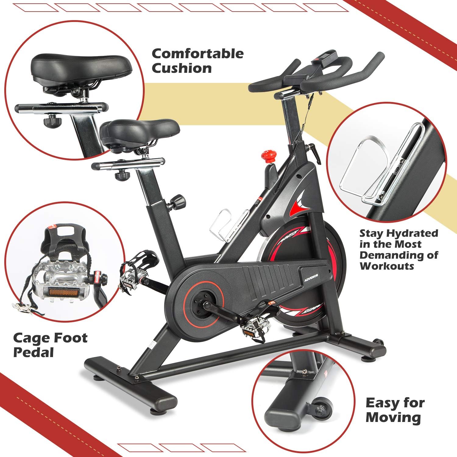 ADVENOR Magnetic Resistance Exercise Bike, Indoor Stationary Bikes for Home Workout, Quiet Belt Drive with LCD Monitor, Support up to 330 lbs, Flywheel 35 lbs (black&red) : Sports & Outdoors