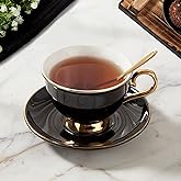 DUJUST Porcelain Tea Cup and Saucer Set with Spoon - Luxury Black British Style Modern Tea Set with Golden Trim, for Room Decoration & Tea Party - Black