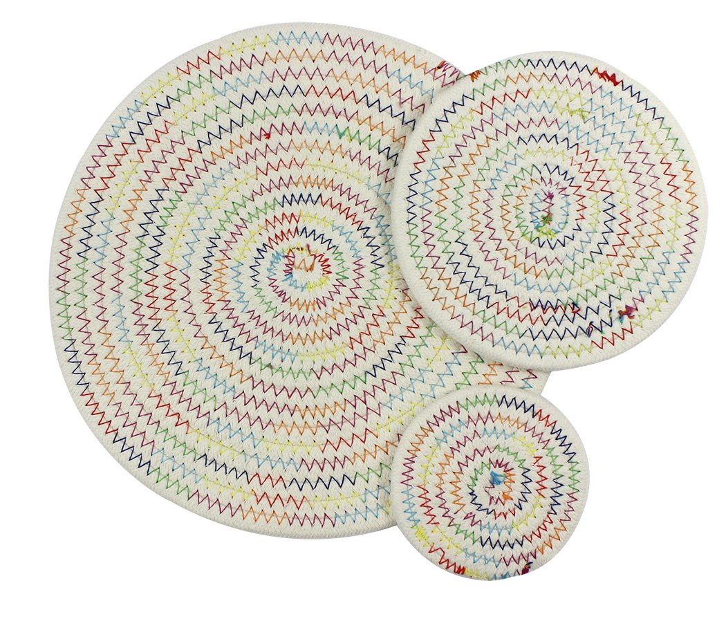 Ranvi Modern Colorful Woven Round Placemats Combination, Easy to Clean & Protects Your Tabletop, 3 PCS (Large, Medium, Small), Warm color