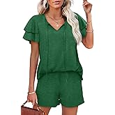 WIHOLL Summer Outfits for Women 2 Piece Short Sleeve V Neck Lounge Sets Casual