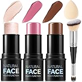 3Pcs Cream Contour Stick Makeup Kit, Shades with Highlighter, Blush and Bronzer Contour Stick for Sculpt the Cheeks, Long Lasting, Waterproof, Matte &amp; Dewy Finish (LIGHT MEDIUM(2+5+6))