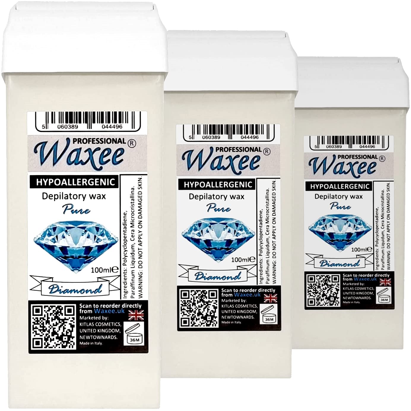 HYPOALLERGENIC 100ml roll on wax, roller wax PURE DIAMOND. Wax cartridge for sensitive & delicate skin, PREMIUM WAX from Waxee! (3 x 100ml roll-on wax cartridge)