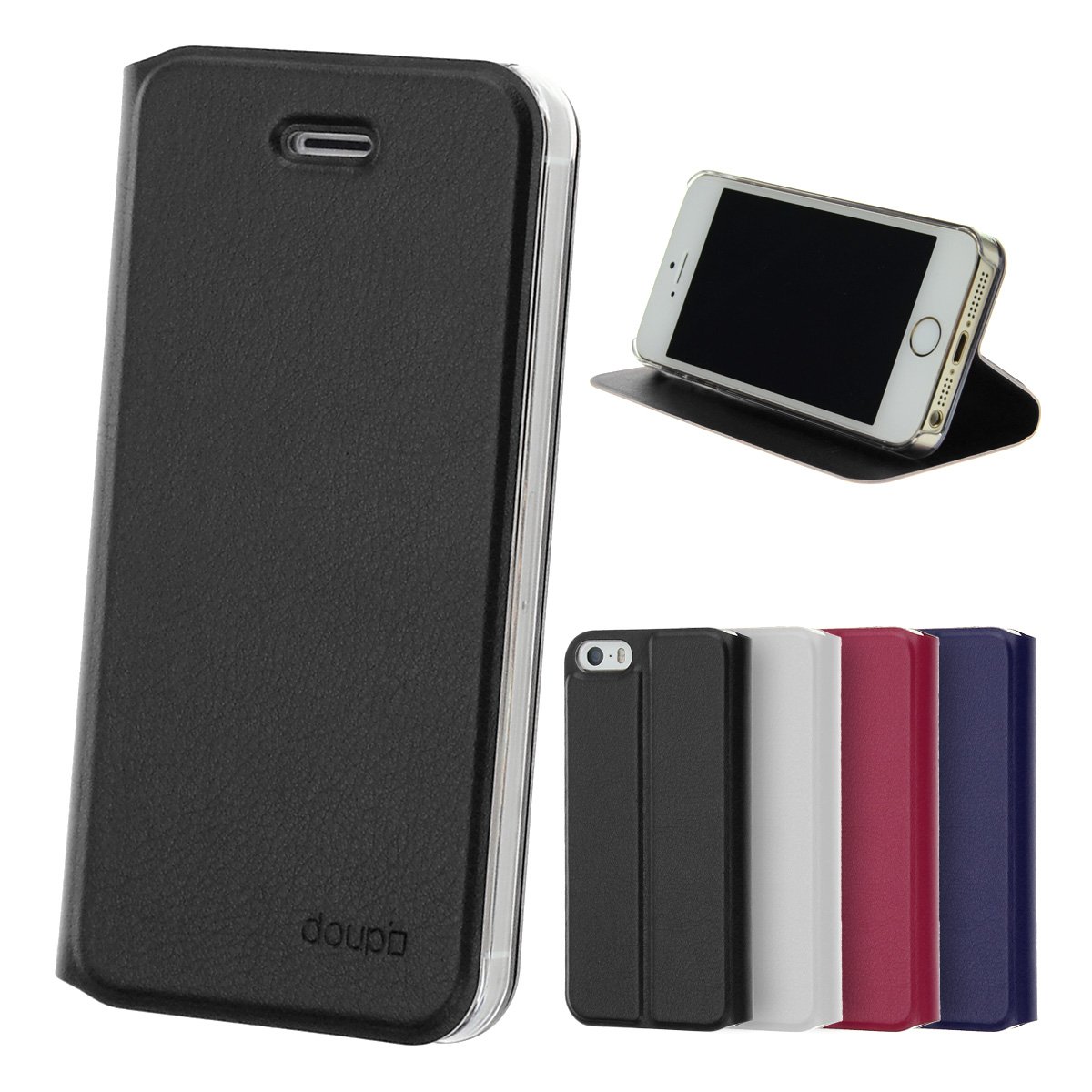 doupi Flip Cover for iPhone 4 / 4S, Magnet Protective Flip Case Book Style Screen Protector Stand, black