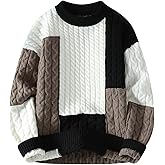 GURUNVANI Mens Patchwork Sweater Colorblock Knit Jumper Vintage Cable Knitted Pullover Sweater