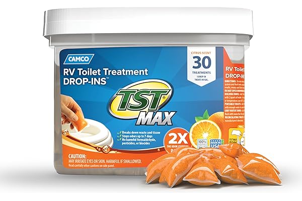Camco TST MAX Camper / RV Toilet Treatment Drop-INs - Control Unwanted Odors & Break Down Waste and Tissue - Safe Septic Tank Treatment - Orange Scent, 30-Pack (41183)