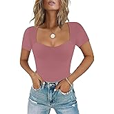 Chunpin Women's Sexy Sweetheart Neckline Bodysuit Tops Short Sleeve Double Lined Thong Bodysuit Outfits Mauve Pink L