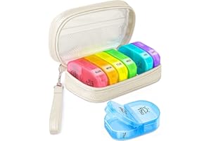 AMOOS Cute Pill Organizer 2 Times a Day, PU Leather Pill Case for Women, Portable Weekly Pill Box for Purse with Storage Bag to Hold Vitamins, Medications, Fish Oils, Supplements (Beige)