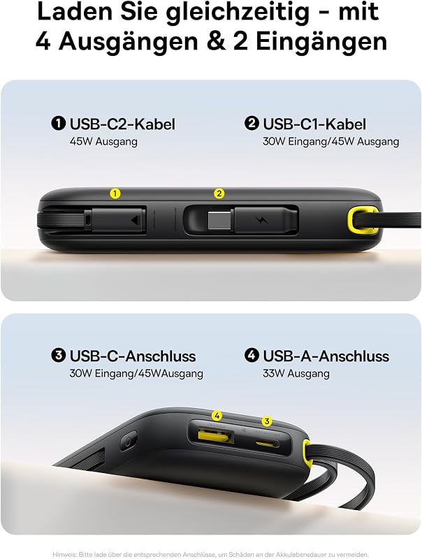 QPow3 Powerbank 45W 20000mAh mit 2 integriertem USB-C Kabel, Power Bank PD3.0 QC4.0, 3 USB C und 1 USB A, LED Display Schnellladefunktion für iPhone 17/16/15 Pro Max, iPad, Galaxy, Schwarz