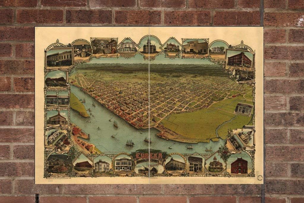 Retro Printing Company Vintage Eureka Map, Aerial Eureka Photo, Historical Vintage Eureka CA, Old Eureka Photo, 1902, Home Decor, Wall Art