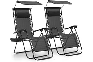 MoNiBloom Zero Gravity Chair Set of 2 with Canopy Shade, Patio Folding Anti Gravity Recliner, Foldable Outdoor Lounger with Cup Holder Tray for Beach Camping, Black