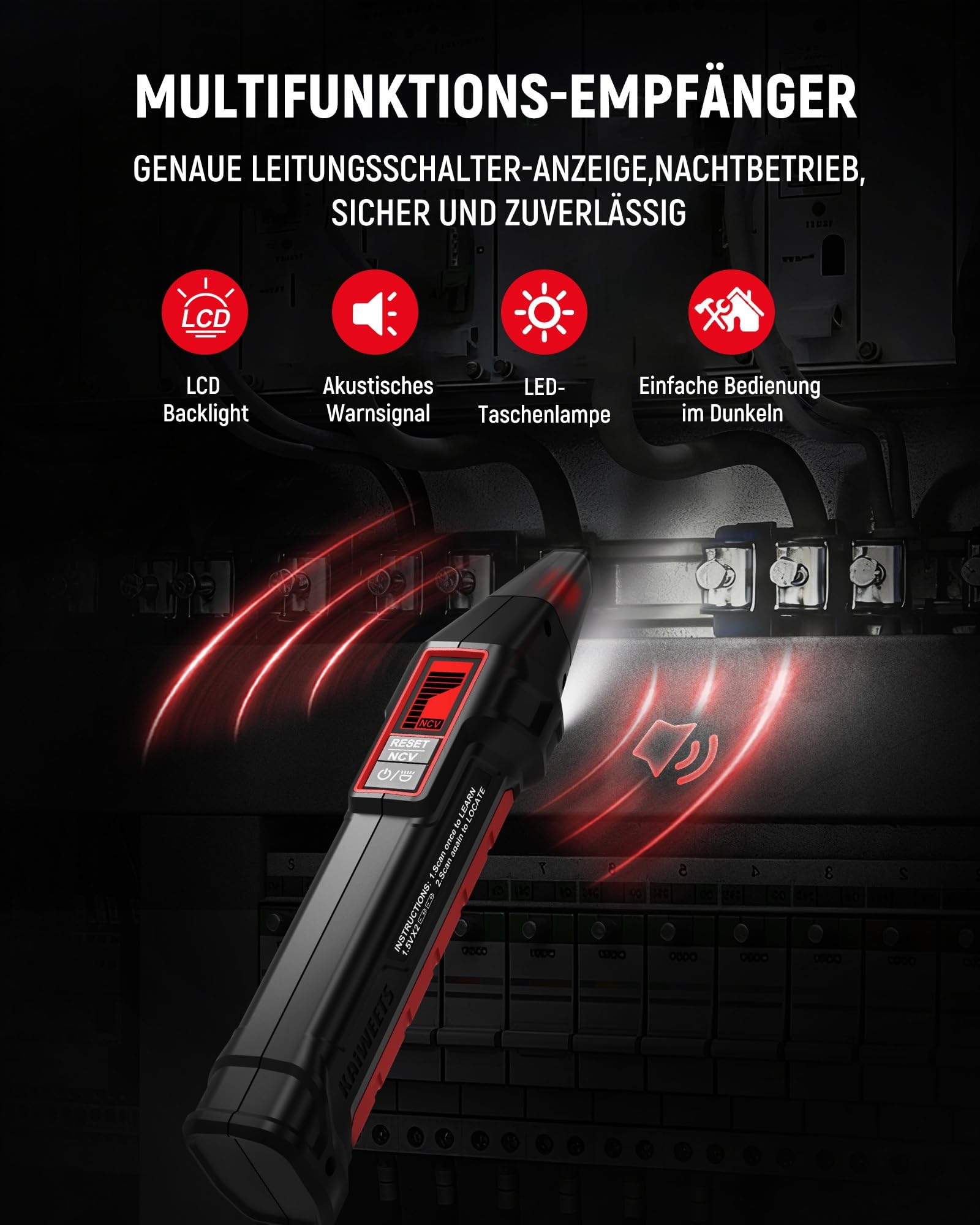 KAIWEETS Sicherungsfinder Set mit 2,2 Zoll LCD, Steckdosentester mit RCD-Test zur Verdrahtungsprüfung, Leitungssucher mit NCV und LED-Taschenlampe für Elektriker und Heimgebrauch 5