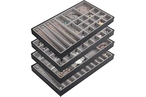 J JACKCUBE DESIGN Set of 4 Stackable PU Leather Jewelry Organizer Trays, Jewelry Display Storage Box Showcase Holder Dresser Drawer Organizer for Earring Necklace Bracelet Ring Accessary (Black)- MK212-1ABCD