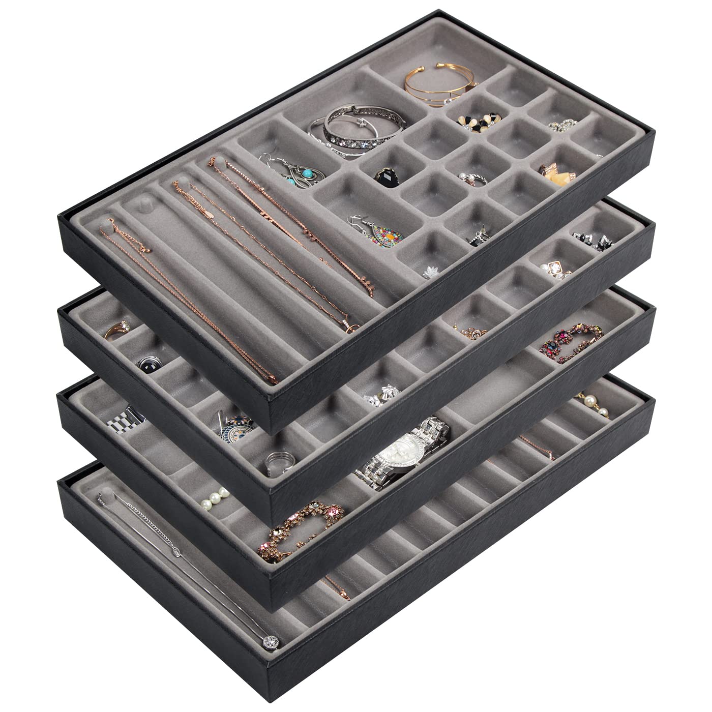 JackCubeDesign Stackable Leather Jewellery Tray Earring Necklace Bracelet Ring Organiser Display Storage Box(Set of 4, Black, 40.6 x 24.4 x 4 cm)-MK212-1ABCD