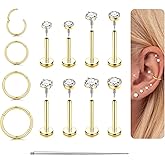 ORAZIO 14K Gold Plated Flat Back Earrings - 16G/18G 316L Surgical Steel Internal Thread CZ Stud Piercing Jewelry for Tragus Helix Cartilage Conch Hypoallergenic Nose Rings Lip Labret Medusa Piercing for Women Men