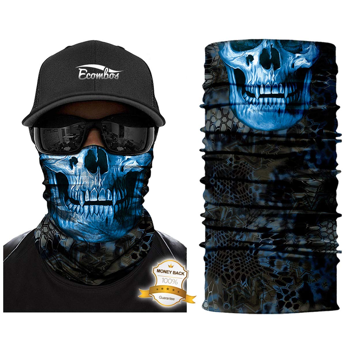 ECOMBOS Mens Multifunctional Bandana - Printed Tube Scarf for Sports, Riding Blue Skull