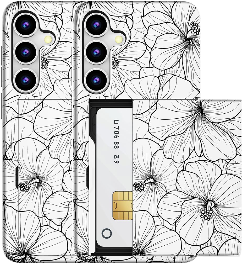 MUQR Compatible for Samsung Galaxy S23 FE Case with Card Holder Cute - Kawaii Design Military-Grade Drop Protection Rugged Wallet Cases for Women (White Black Hibiscus)