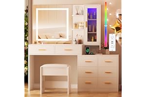 ANWBROAD 51.8" Vanity Desk with Mirror and Lights Makeup Vanity Desk with Lights 3 Colors Large White Vanity Dresser RGB 8 Drawers with Charging Station Stool Shelves for Girls Women Bedroom UBDT77W