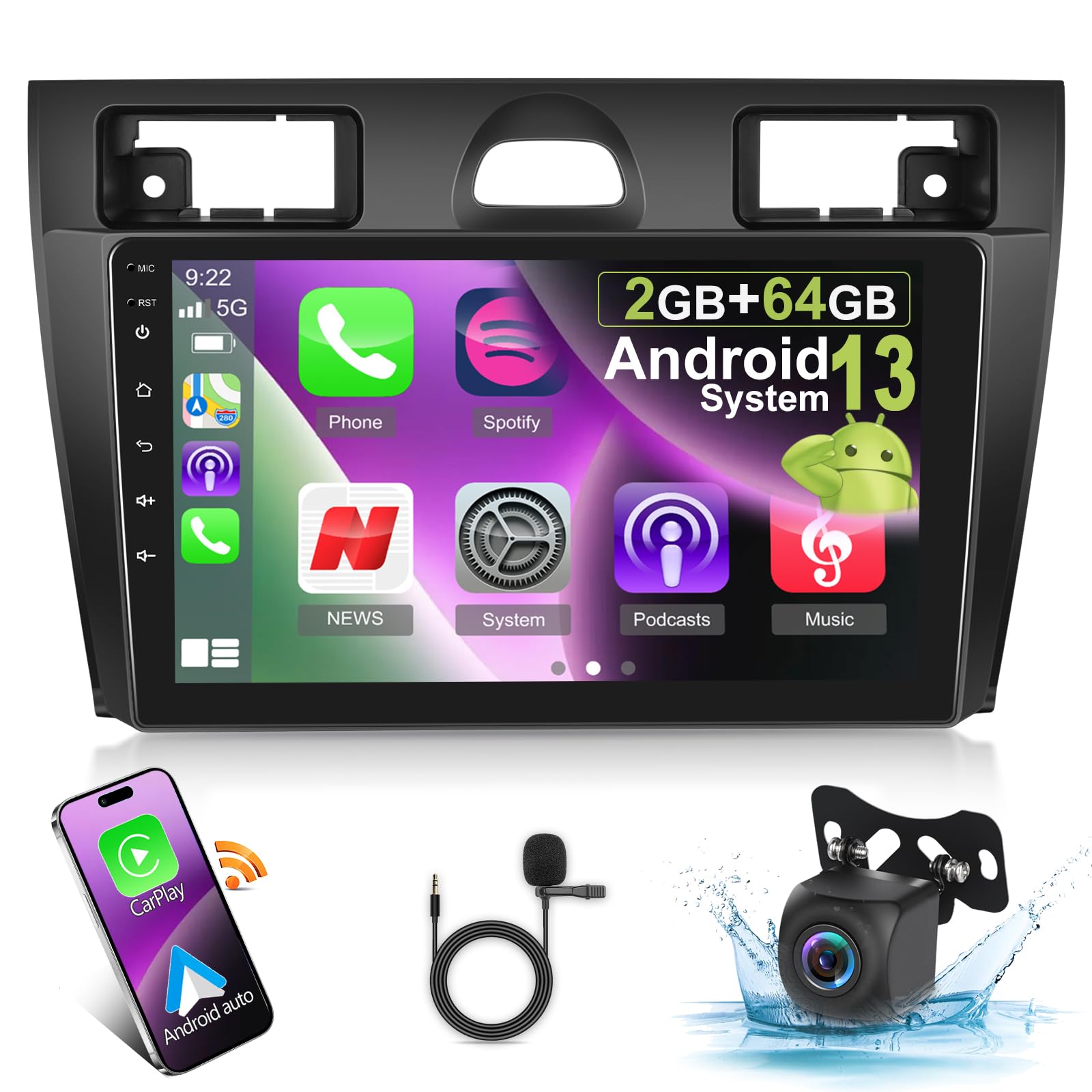[2G+64G] Car Radio for Ford Fiesta Mk5 2002-2008, Android 13 Touch Screen Fiesta Stereo, Apple Carplay/Android Auto/EQ Audio/SWC +AHD Backup Camera