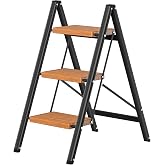 DIAMONDFORGE 3 Step Ladder, Lightweight Folding Step with Wide Anti-Slip Pedal &amp; Feet, 330 lbs Capacity,Sturdy Steel Step Ladder for Home,Kitchen and Office,Woodgrain