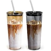 Icesip 24oz Drinking Glasses Cups Set of 2 Leak Proof Iced Coffee Glass Tumbler with Lid Straw Glassware for Juice Coffee Smoothie Boba Tea(Gray & Amber)