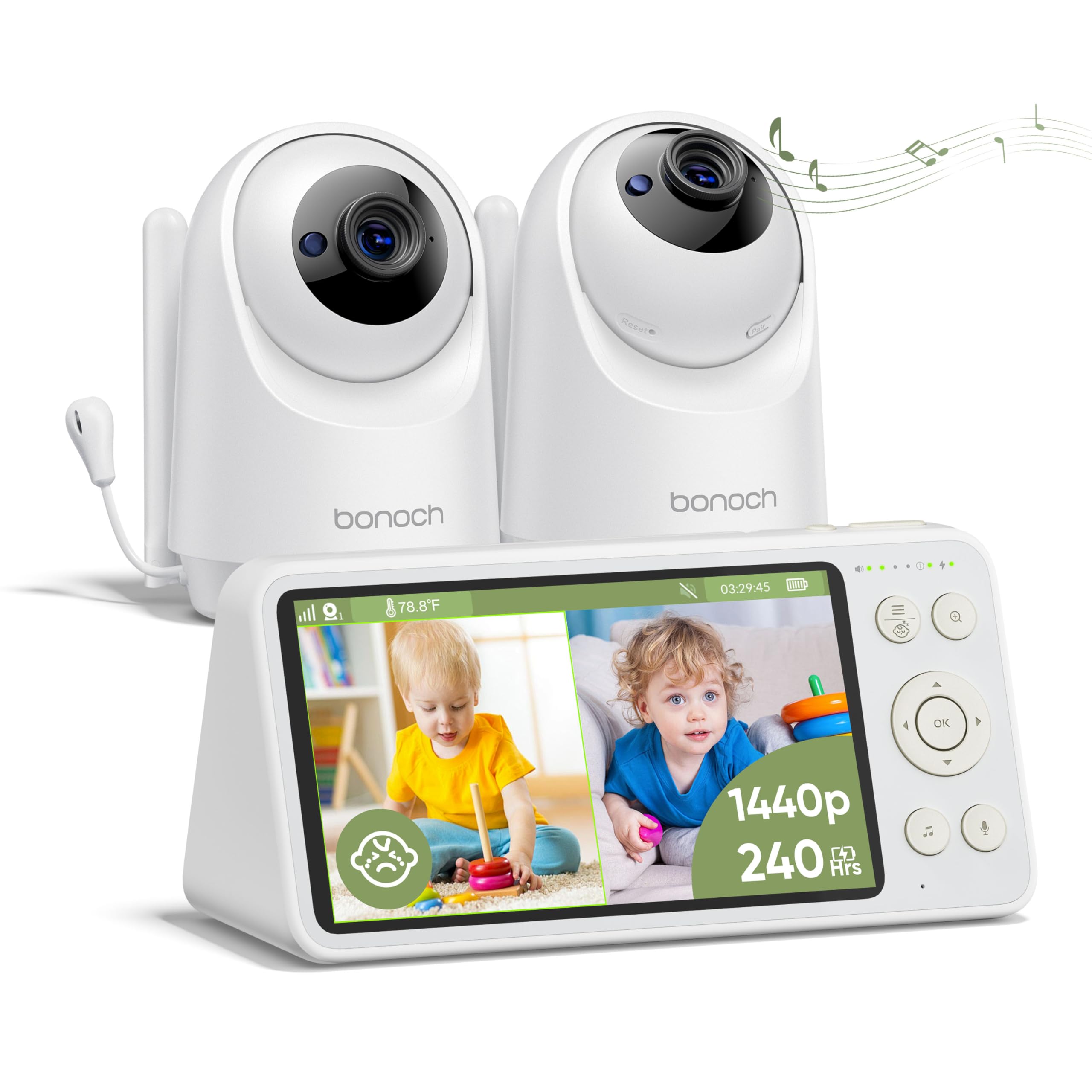 Photo 1 of bonoch 5.5" 1440p Baby Monitor with 2 Cameras, Dual Video Monitor with Split Screen, Smart No WiFi Baby Camera, Detect Sleep Turn Over/Cry/Motion, 240h Lasting, WPA3 Hack Proof, White Noise