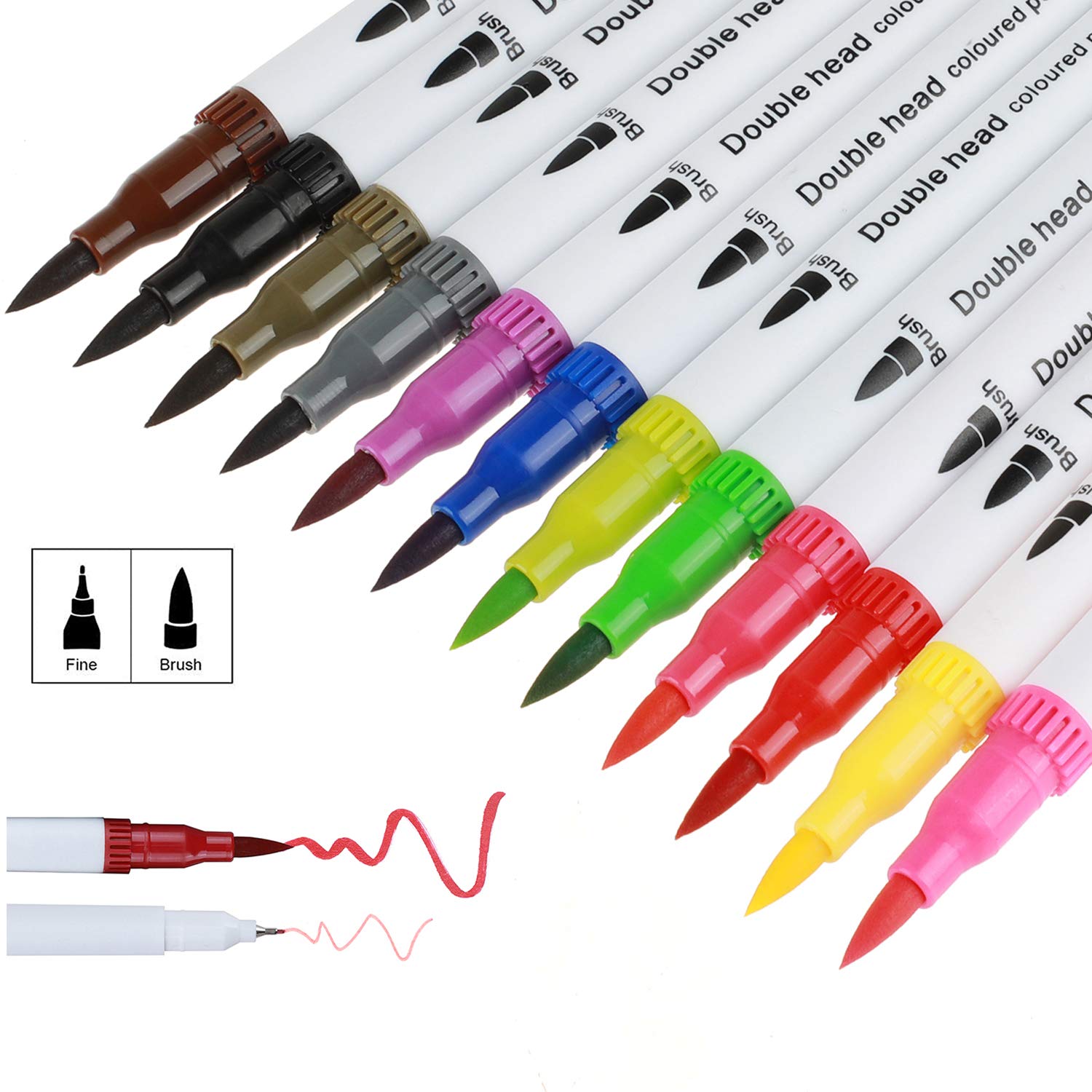 Tioamy Watercolor Marker Pen Set Dual Head Water Based Drawing Soft Brush Fineline Tip Color Pen for Students Adults Coloring Painting Renderings Art Manga Comic Calligraphy Animation 12 Pack
