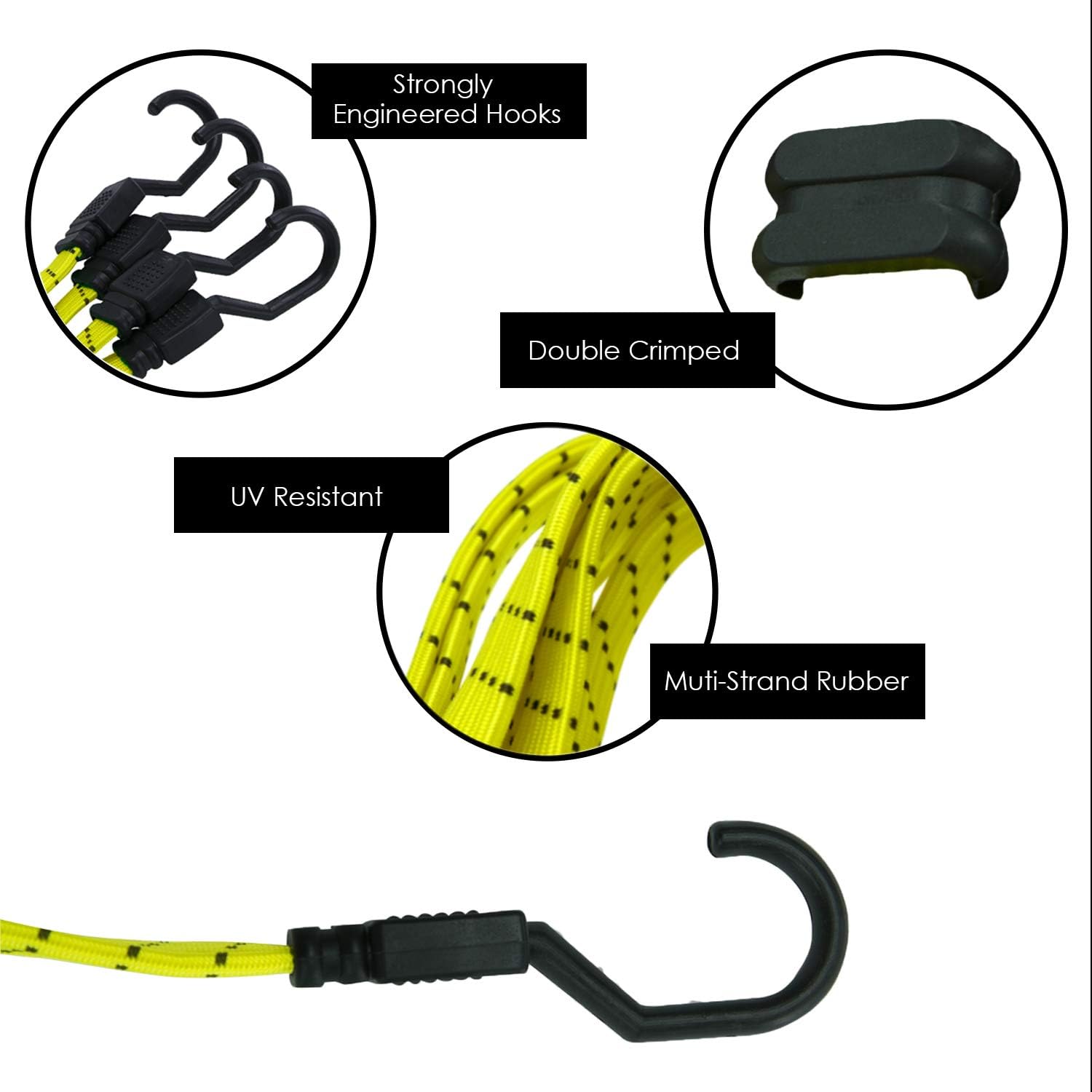Houseables Bungee Cords with Hooks, Bungie Straps, 4 Pack, 48 Inch Long, Yellow, Flat, Premium Rubber, Bungy Chords, Adjustable, Long Bungi Rope for Dolly, Upcart, Car Trunk, Camping, Luggage, Moving: Automotive