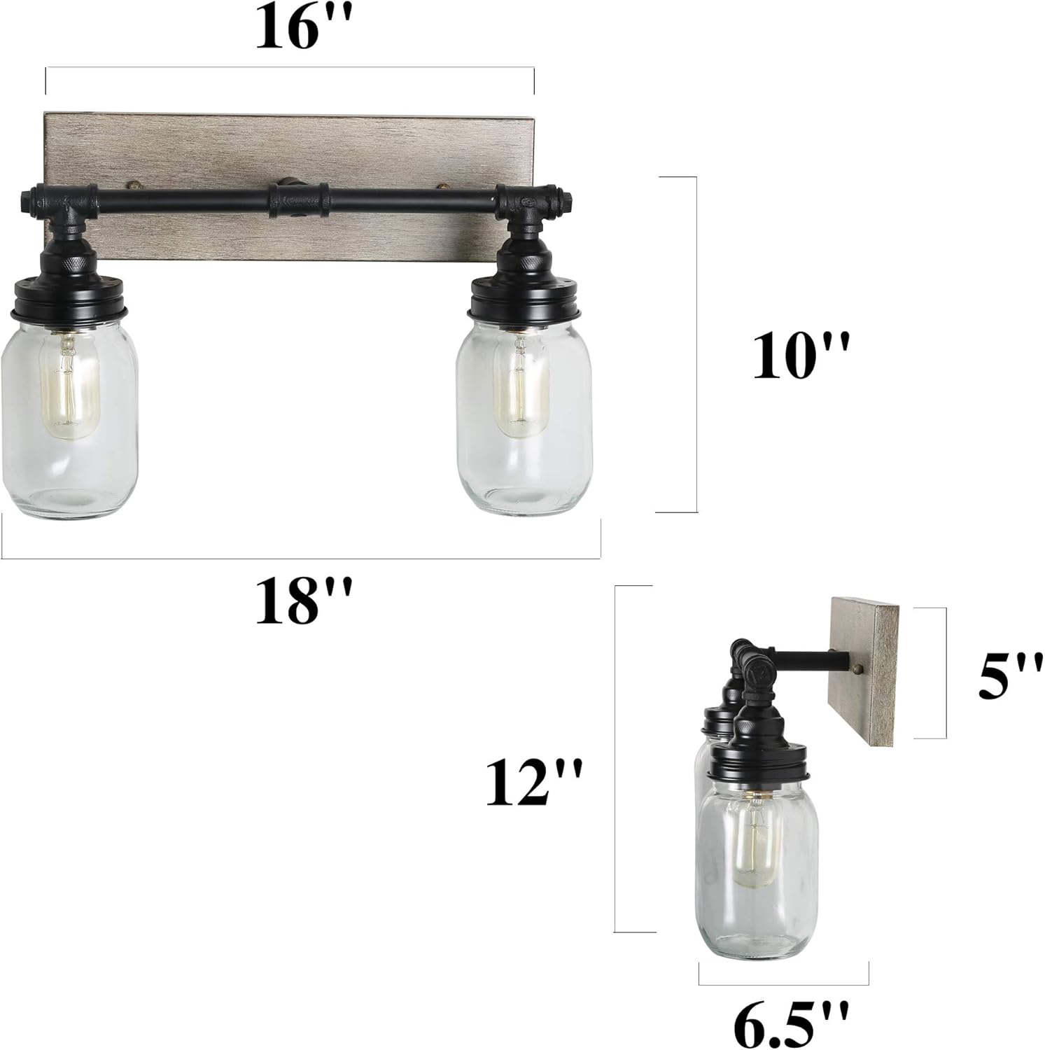 LALUZ FauxWood Vanity Light 2 Farmhouse Bathroom Fixtures with Mason