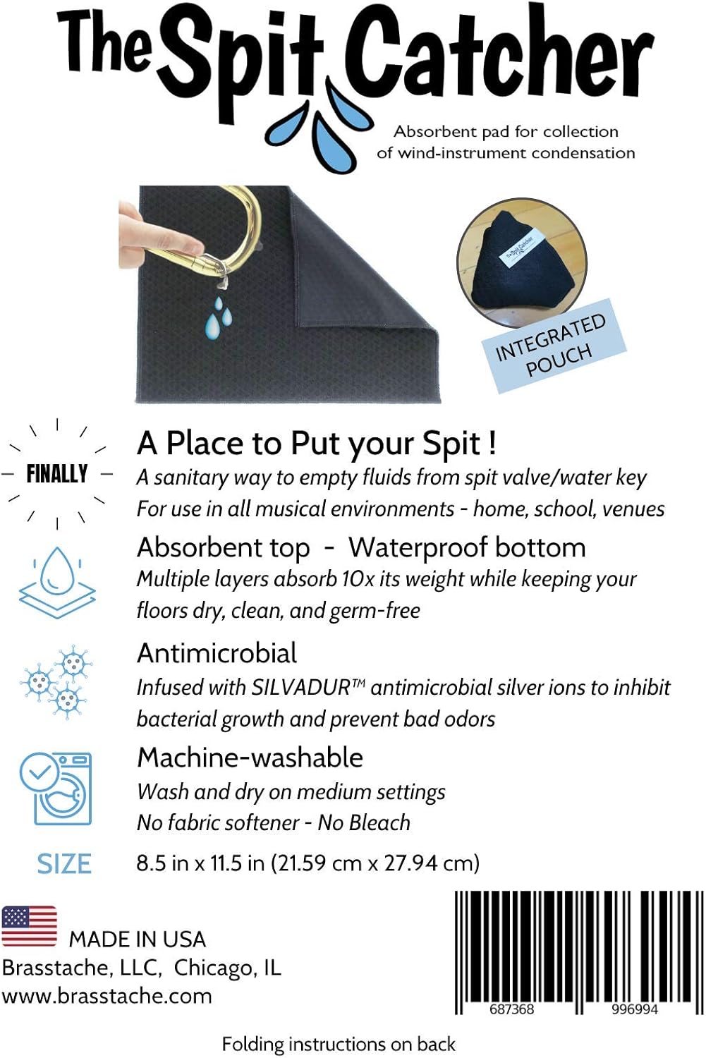 The Spit Catcher - For Brass/Wind Instruments, Ultra-Absorbent and Leakproof, Multi-layered Cloth/Pad to Empty Your Spit, Self-Packing… (Single): Musical Instruments
