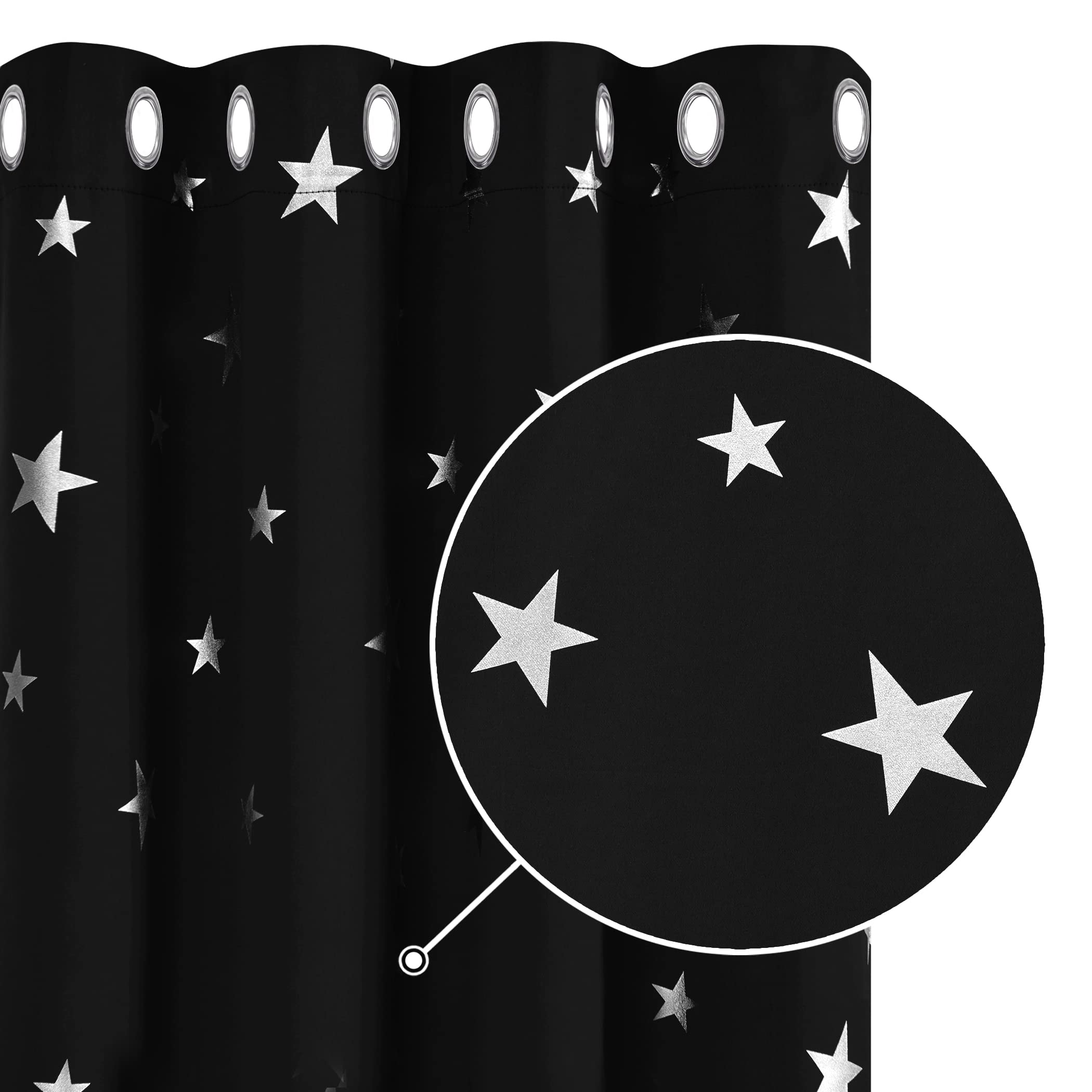 Deconovo Black Curtains for Bedroom Star Curtains Super Soft Thermal Insulated Foil Printed Eyelet Blackout Curtains for Bedroom 52 x 63 Inch Black 1 Pair