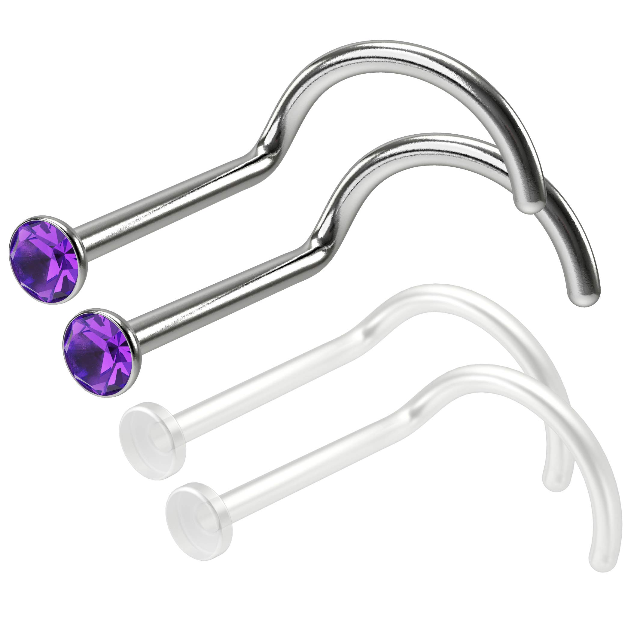 4pc 1mm 18g 1mm Small Nose Screw Bar Rings Surgical Steel Nostril Studs Piercing Jewellery 2.5mm Amethyst Crystal 0.8mm 20g Clear Retainer Keeper
