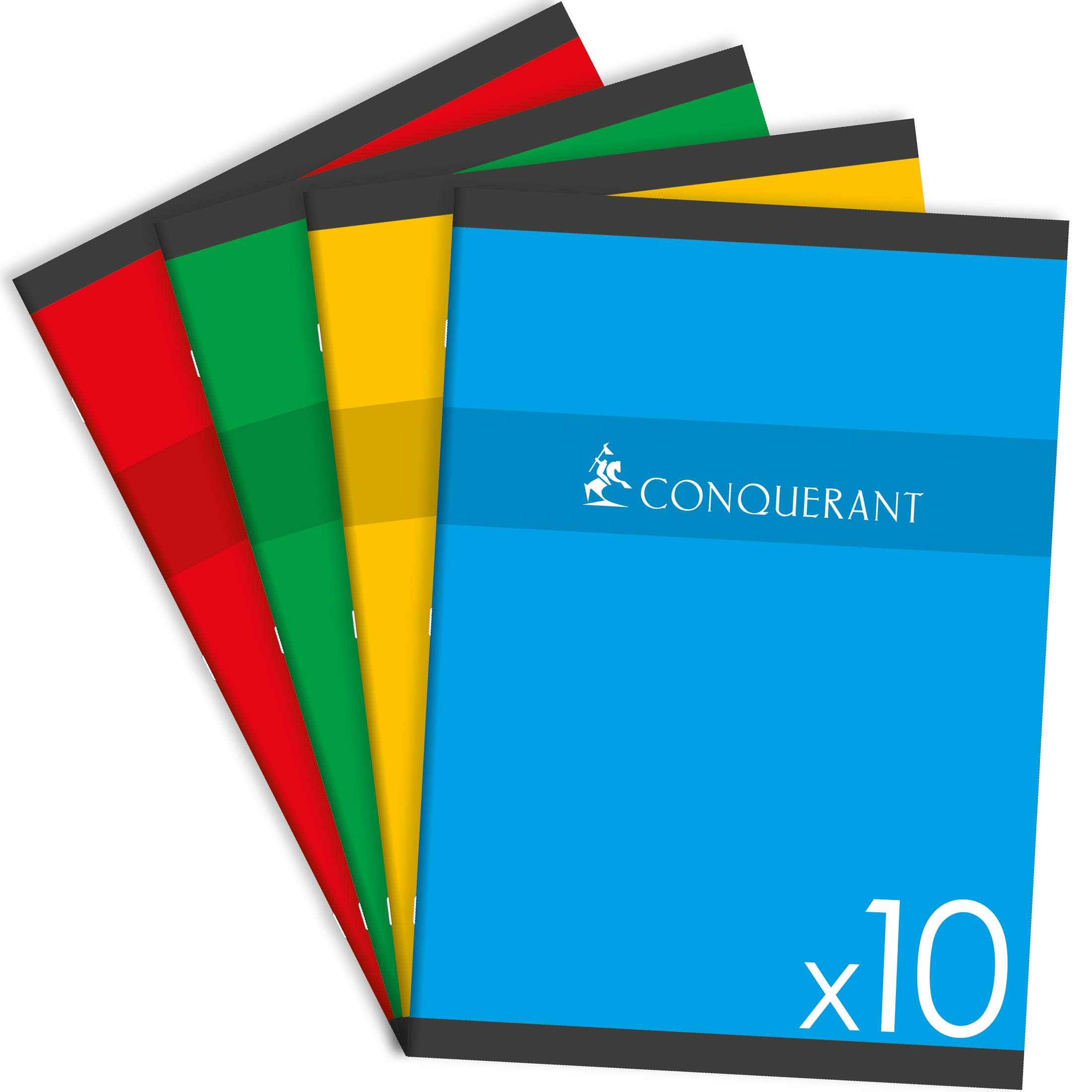 Conquerant Pack of 10 Homework Notebooks 17 x 22 cm Large Squares Seyès 96 Stapled Pages Card Covers Assorted Colours