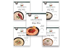 A BLEND ABOVE GOURMET FOOD PRODUCTS A Blend Above Spicy Dip Mix 5 Pack Includes Spicy Garlic, Lonestar Ranch, Ghost Pepper, Carolina Reaper, and Southwest Jalapeño Spicy Dip, Gluten-Free, No MSG, All Natural, No Preservatives, Vegetable Dip, Keto Friendly, Low Carb, Low Sodium, Easy to Make
