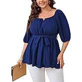 SHESTARR Women's Plus Size Square Neck Peplum Blouses Dressy Tops 3/4 Puff Sleeve Empire Waist Tie Ruffle Hem Babydoll Top