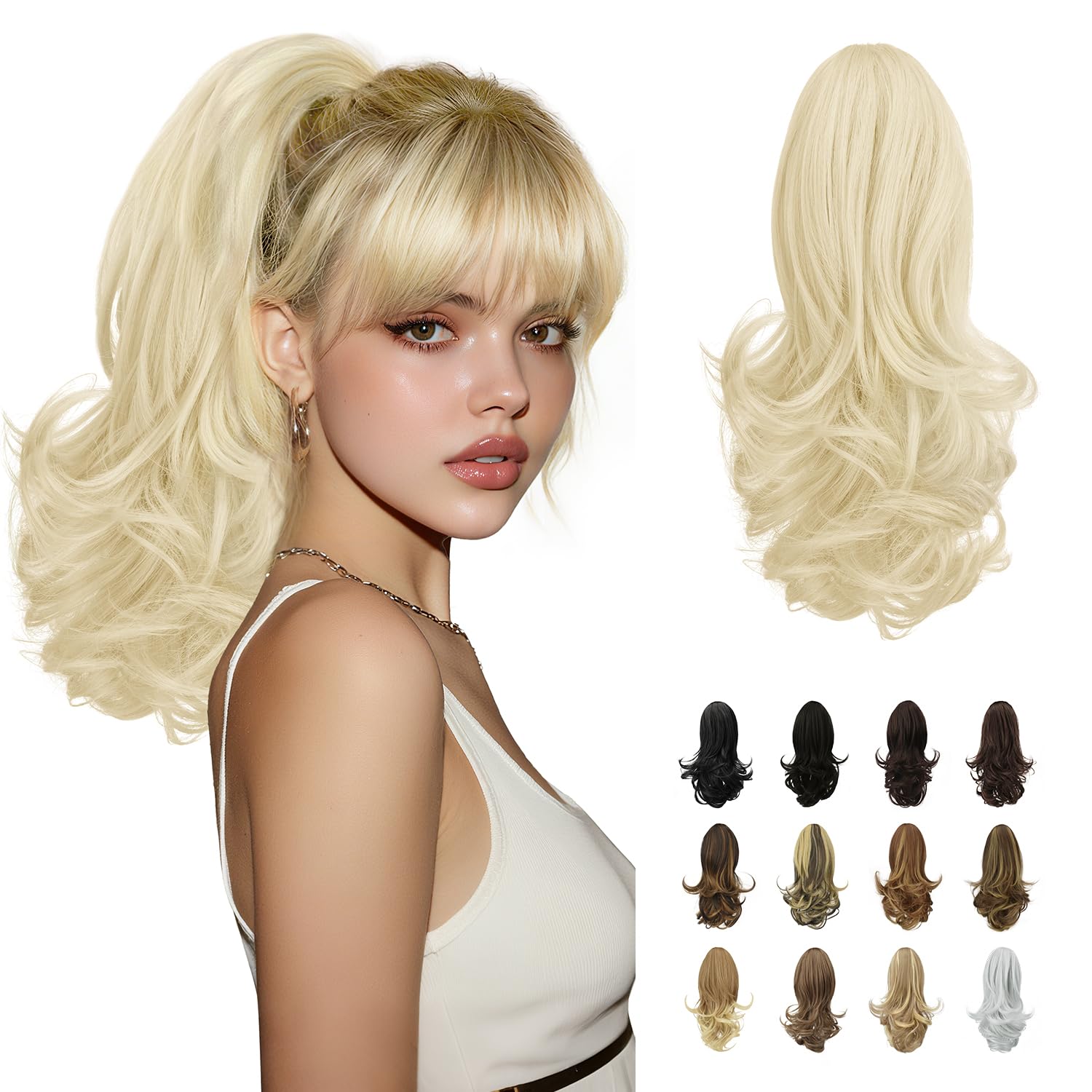 Sofeiyan 13" Ponytail Extension Long Curly Ponytail Clip in Claw Hair Extension Natural Looking Synthetic Hairpiece for Women,White