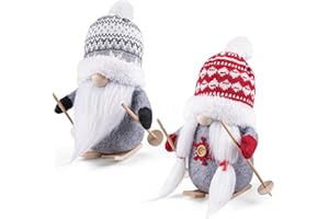 D-FantiX 2Pack Sled Christmas Gnomes Plush with Wood Skis and Ski Poles, Handmade Swedish Tomte Santa Scandinavian Figurine Nordic Plush Elf Doll Gnome Ornaments Christmas Decorations Home Decor