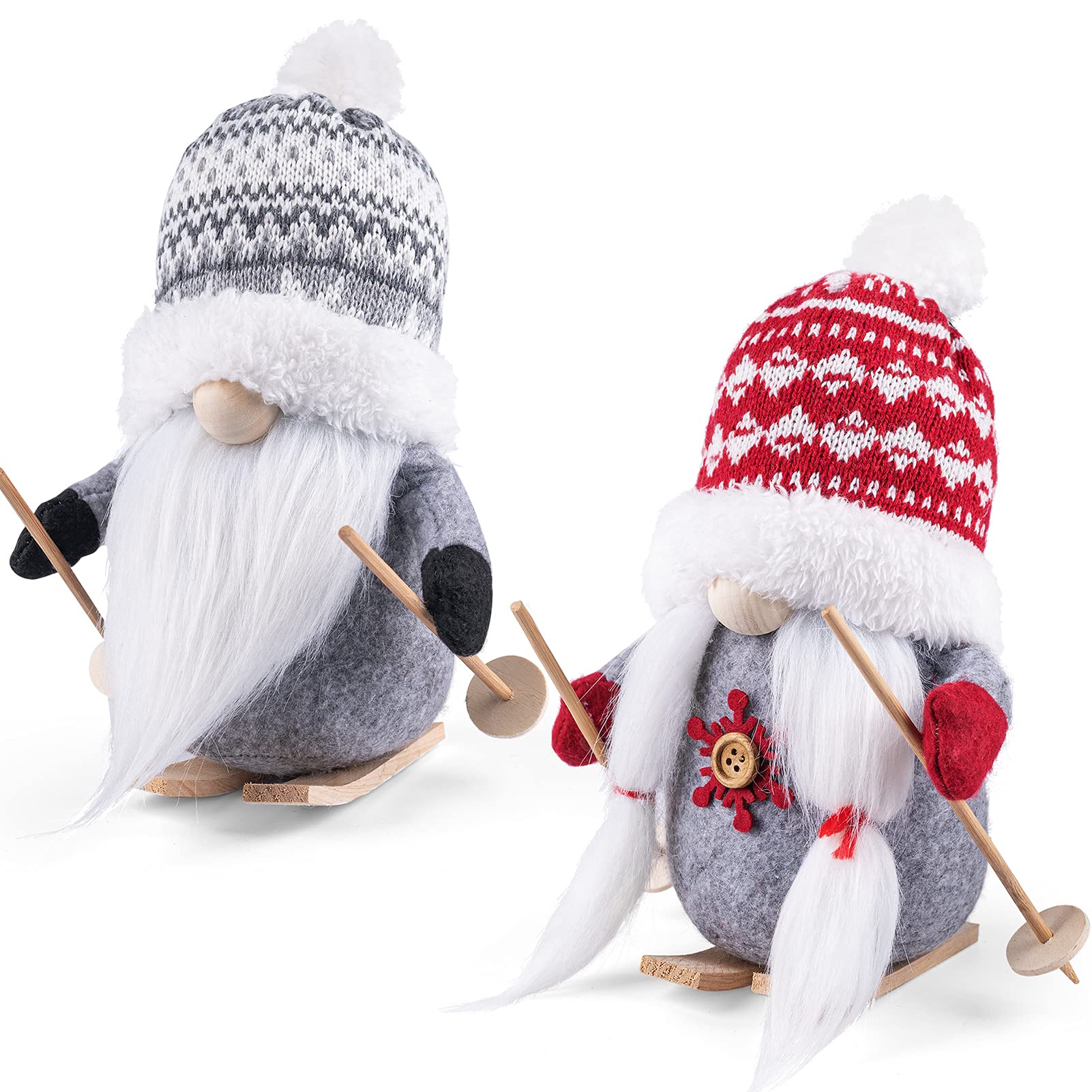 D-FantiX 2 Pack Sled Christmas Gnomes Plush with Wood Skis and Ski Poles, Handmade Swedish Tomte Santa Scandinavian Figurine Nordic Plush Elf Doll Gnome Ornaments Christmas Decorations Home Decor