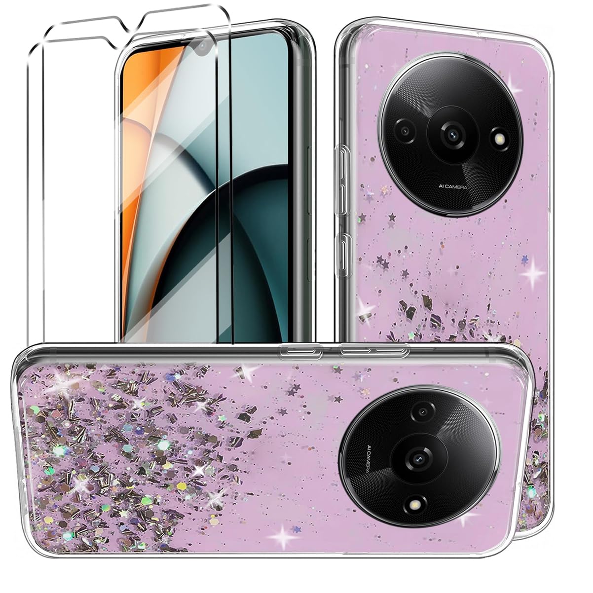HuiYouMY 3-in-1 Glitter Bling Case Cover Compatible with Xiaomi Redmi A3 Phone Case with 2 Pack Tempered Glass Screen Protector Phone Case,Soft TPU Slim Fit Shockproof Anti-Scratch-Pink