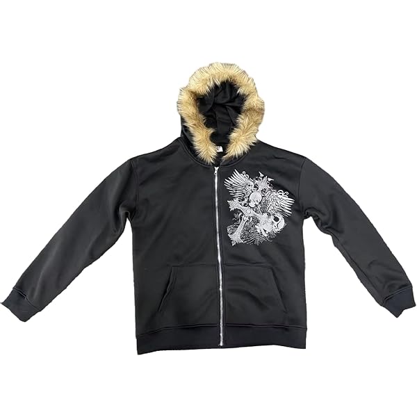 Ponitrack Unisex Zip Up Hoodie Men Fur Hood Jacket Grunge 2000s