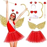 Marsui 7 Pcs Valentines Cupid Costume Set Angel Cupid Accessory Kit Includes Wings, Heart Sunglasses, Bopper Heart Headband, Body Sash, Bow and Arrow and Tutu Skirt for Valentines Galentines Cosplay