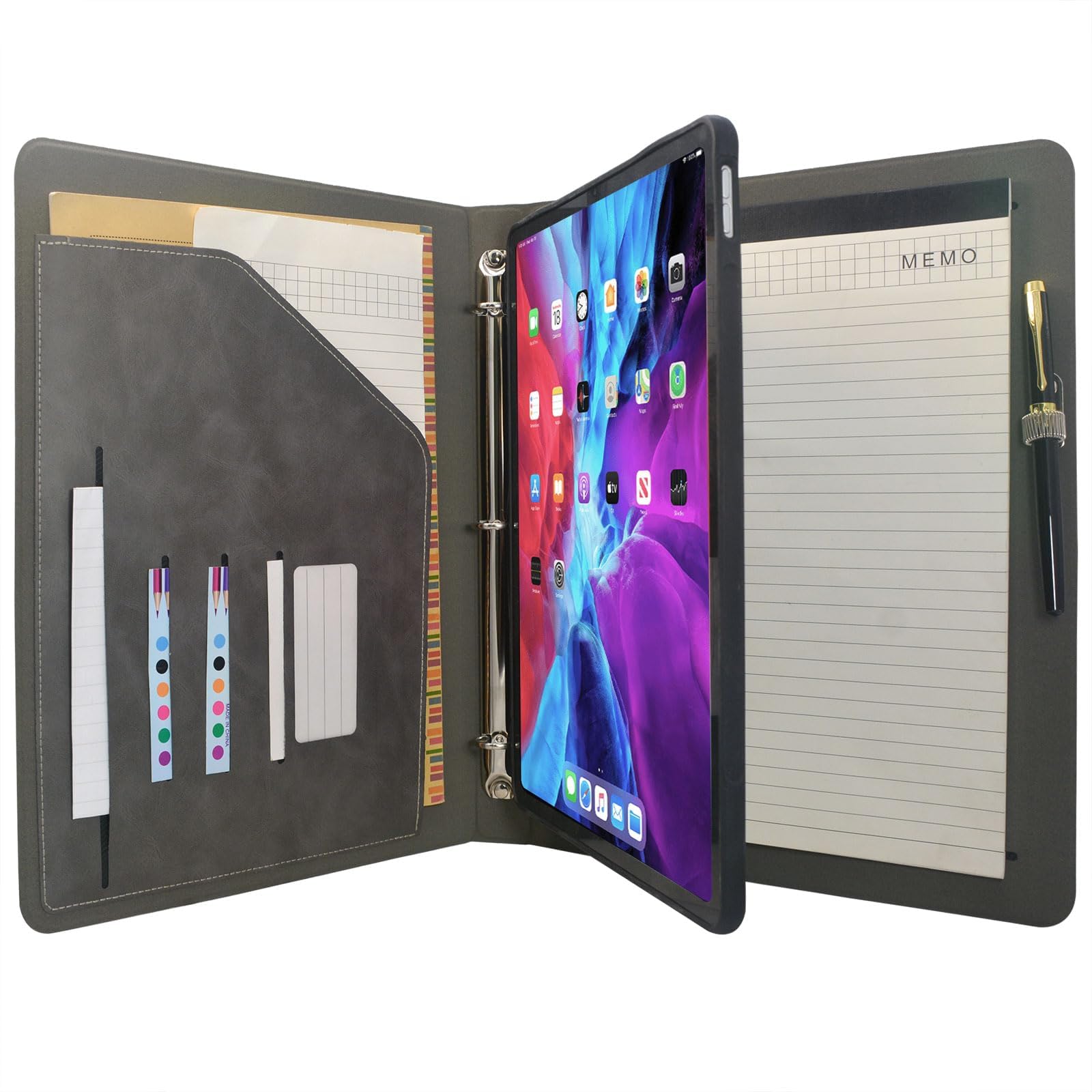 Photo 1 of Tablet Organizer Portfolio Case with 3-Ring Binder, Binder Padfolio File Folder with Removable Tablet Holder, Compatible with 12.9-inch iPad Pro 4th/5th/6th (Gray)