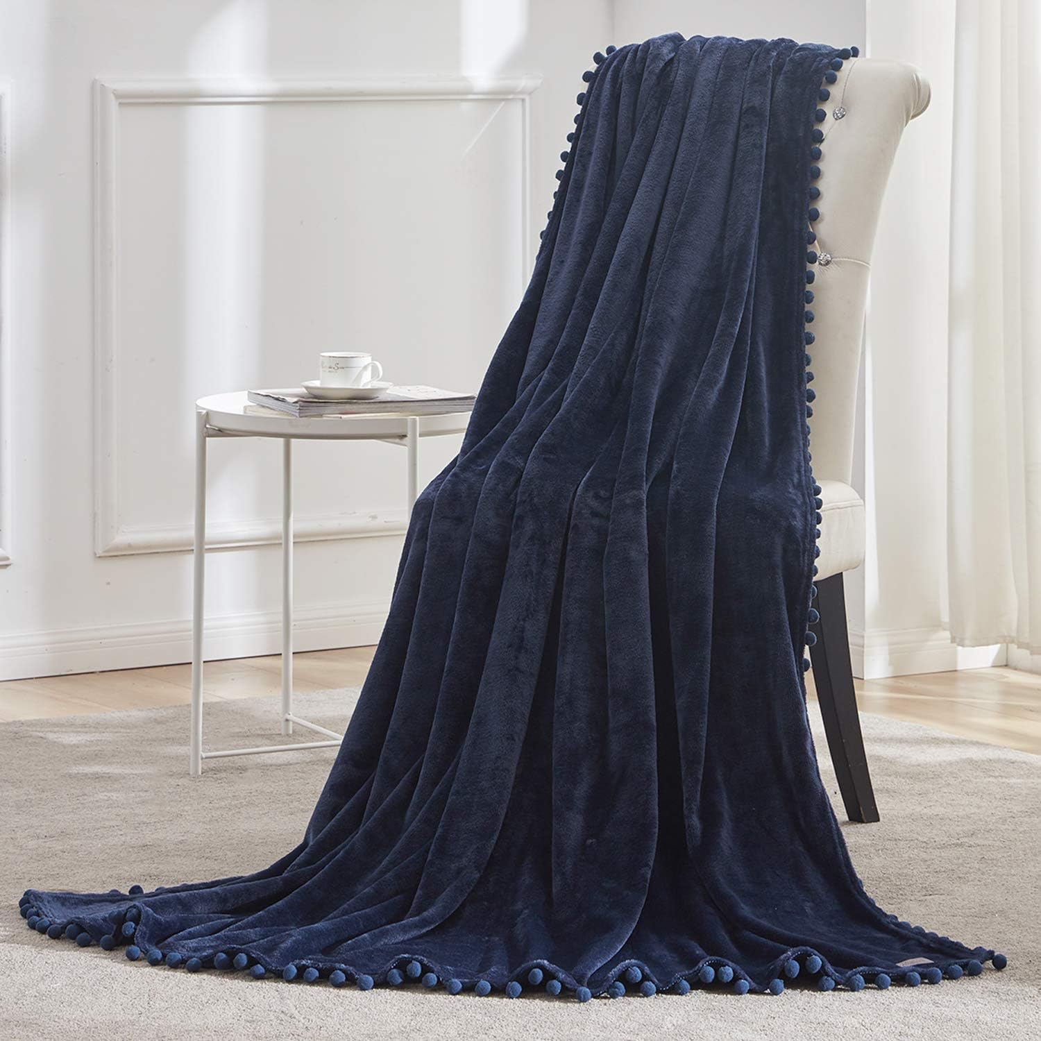 BEAUTEX Fleece Throw Blanket with Pompom Fringe, Navyblue Flannel Blankets and Throws for Couch, Super Soft Cozy Lightweight Plush Throw Blanket (50" x 60"): Kitchen & Dining
