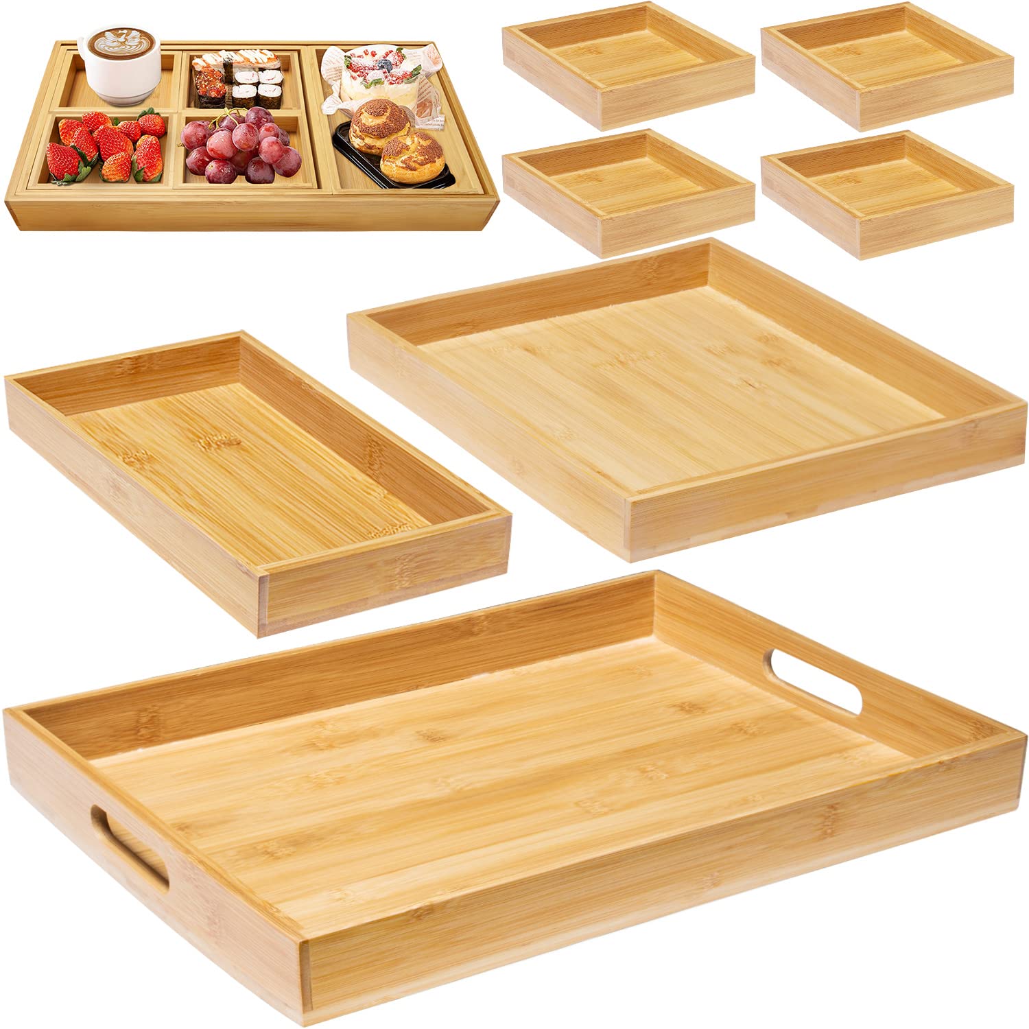 Photo 1 of **USED - MINOR DAMAGE**
Wooden Serving Trays with Handle - Set of 7 - Large, Medium, Small and Mini - Nesting Multipurpose Trays - for Breakfast, Coffee Table/Butler & More - Light & Sturdy Wood Tray